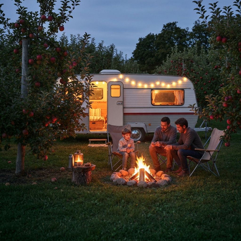 Caravane vintage sous les pommiers